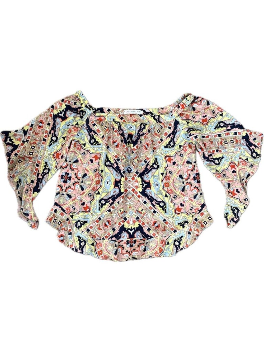 Alice & Trixie By Angela George L Silk Off Shoulder Ruffle Top Shirt Blouse Geo
